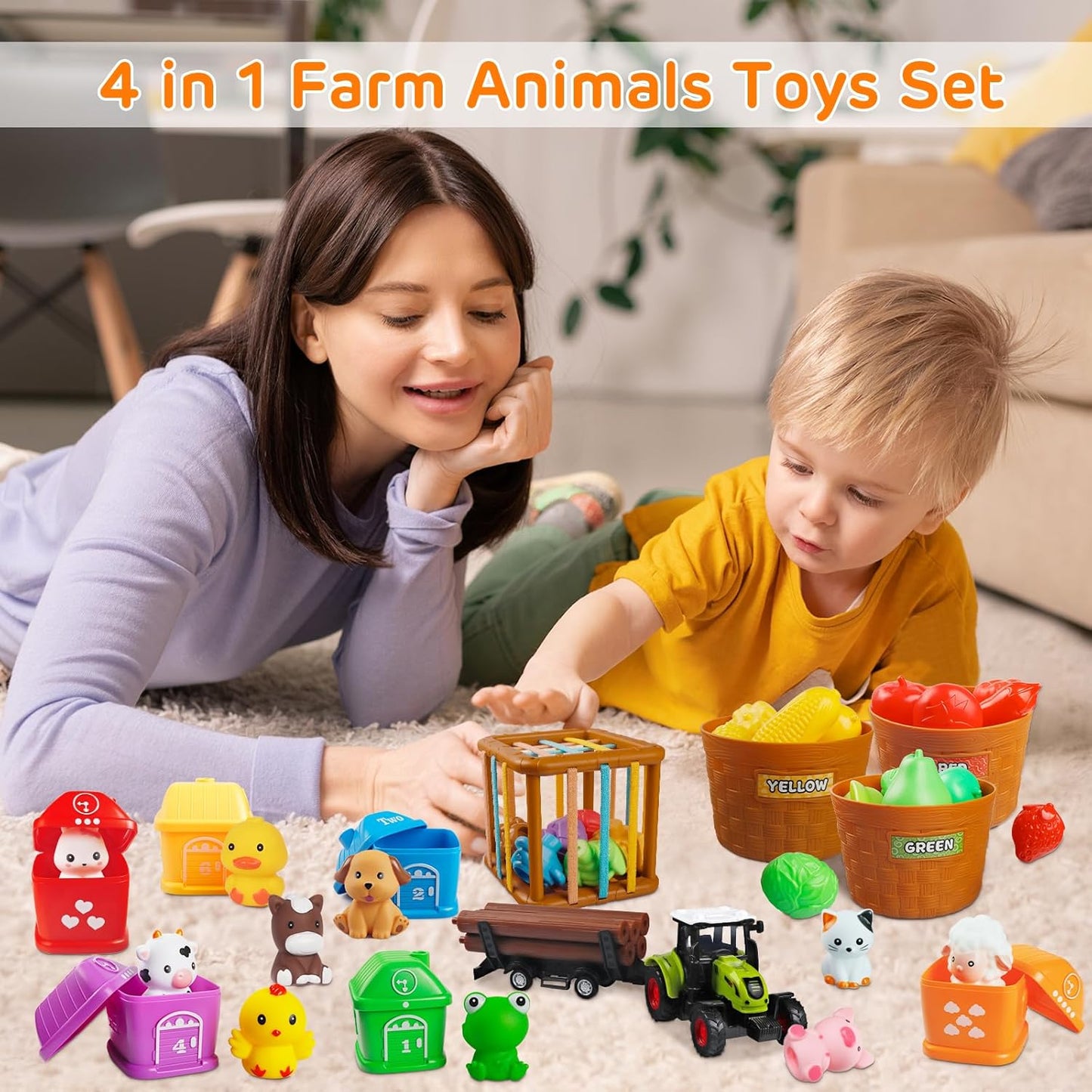 🌟 Conjunto de Brinquedos de Fazenda 4 em 1 Montessori - Diversão e Aprendizado para os Pequenos! 🐄🚜